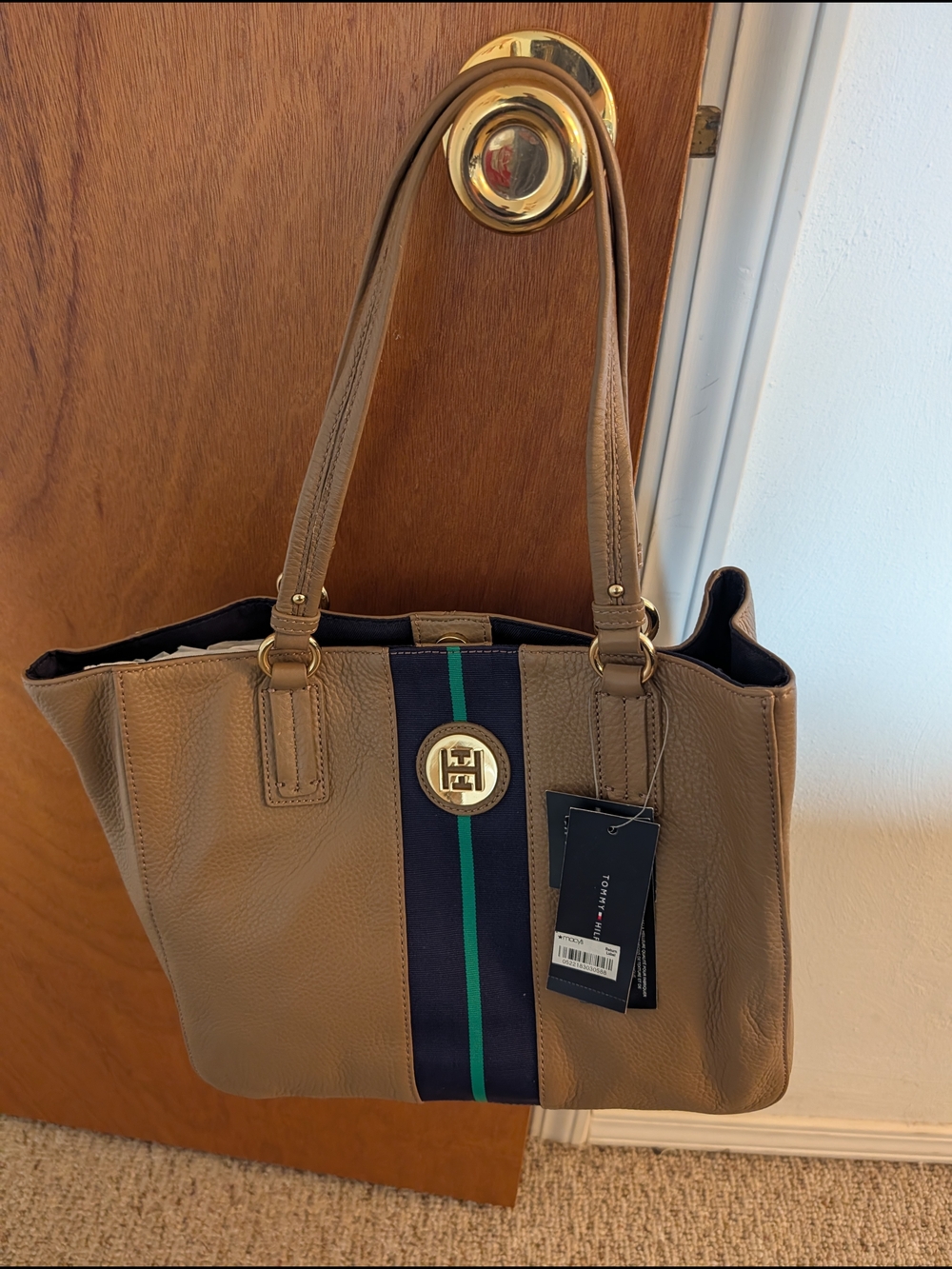 Tommy Hilfiger Tan Leather Tote with Navy & Green Stripe